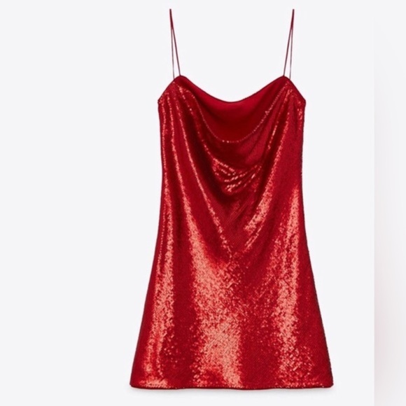 Zara red sequin blogger favorite back cowl neck draped mini dress size small new - Picture 11 of 16